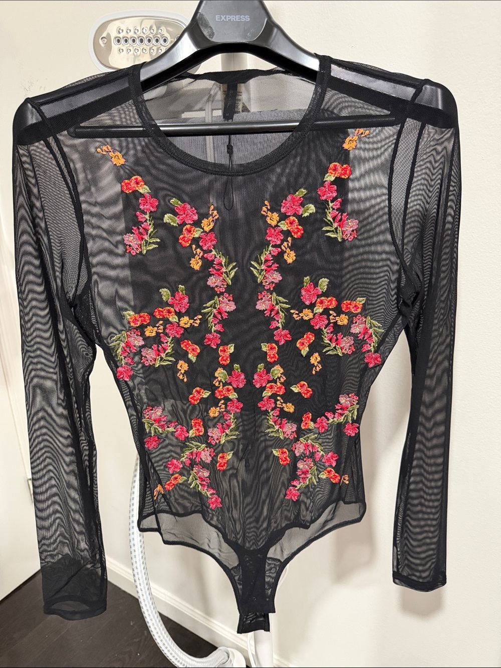 BCBGMaxAzria Black Sheer Floral Embroidered Long-Sleeve Bodysuit